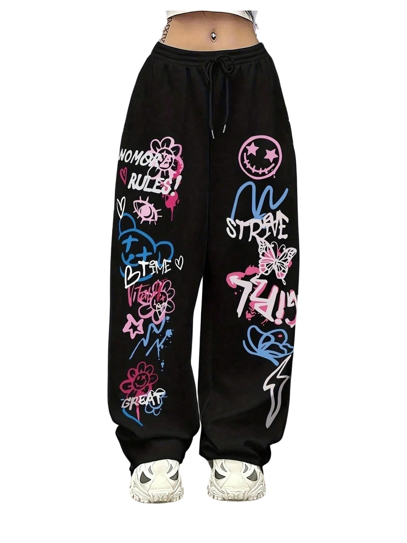 Verdusa Womens Hip Hop Letter Graphic Pants Drawstring Waist Straight Leg Loose Trousers