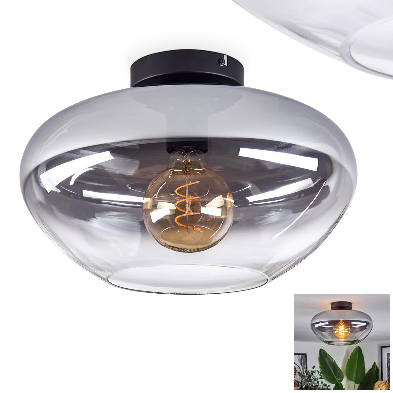 Plafoniera HOFSTEIN Mertola, lampada da soffitto in metallo/vetro nei colori nero/fumo/trasparente, lampada dal design moderno retrò/vintage con paralume in vetro (Ø 35 cm), 1 x E27, senza lampadina