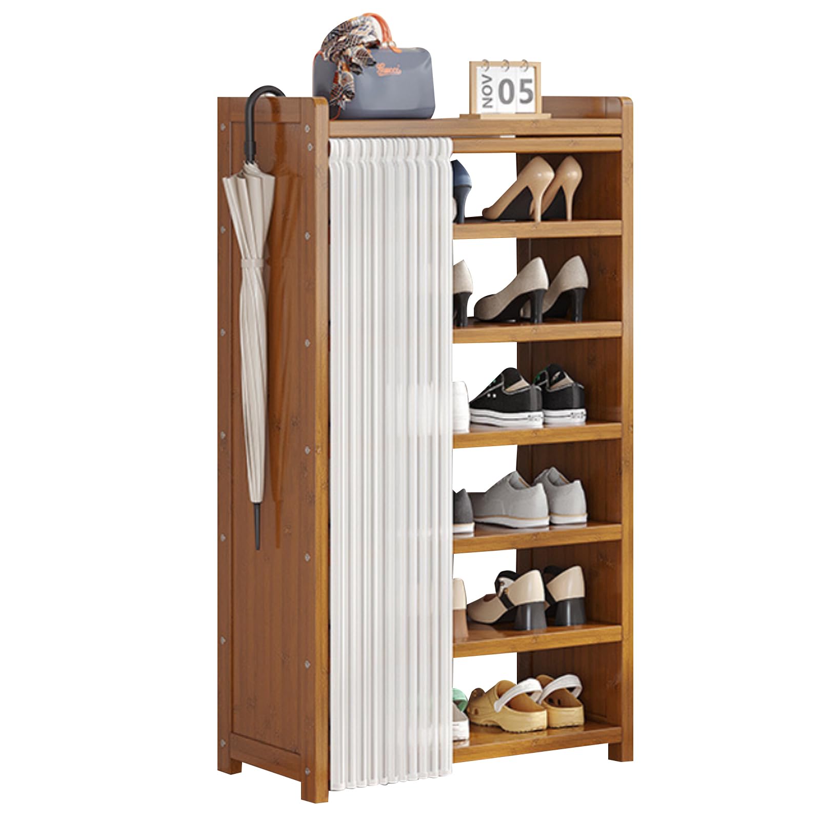 Beauenty Wooden Shoe Rack with Curtain, 7 Layers 50CM Widen Free Standing Shoe Rack, Entryway Shoe Storage Cabinet (7Tiers-50CM)