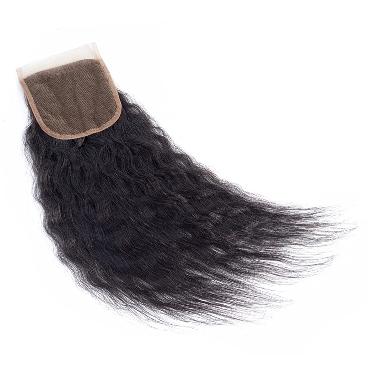 Brazilian Kinky Straight 4x4 Lace Closure 100% Unprocessed Human Virgin Hair Pre Plucked Coarse Italy Yaki Pre-Plucked Hairline Closure Natural Black With Baby Hair (14inch, kinky straight closure)