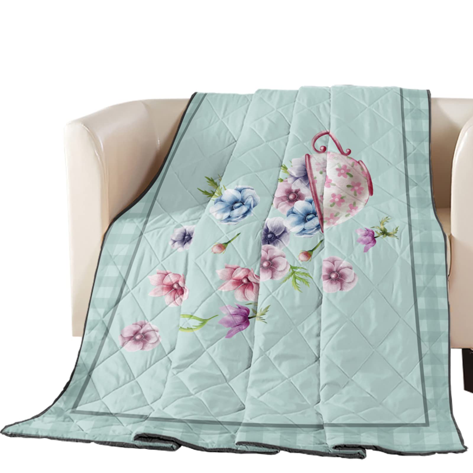 Quilt California King Luxury Quilted Comforter Bedspread-Thin Soft Cozy, Beautiful Dreamy Flower Cup Splashing Cyan Buffalo Check Plaid Reversible Stitched Summer Lightweight Coverlet for All Season