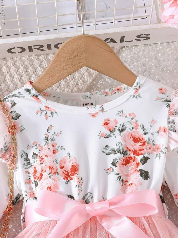Image of Niren Enterprise 1019 Long Sleeve Printed Flower Belted Square Neck Baby Girl Frock with Knee-Length and A-Line Style