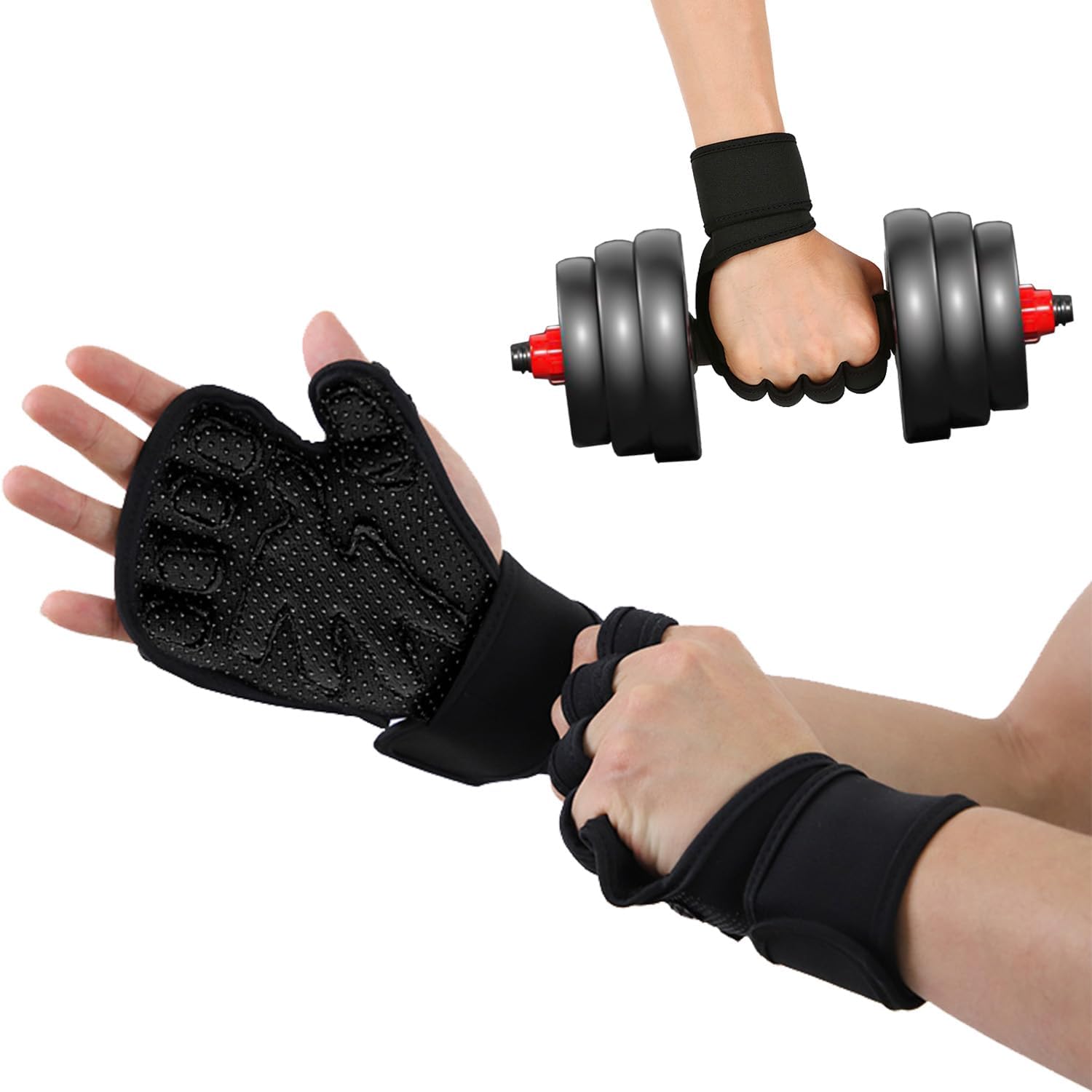 Workout Gloves for Men and Women, Weight Lifting Gloves with Wrist Wrap Support Adjustable Fingerless Gym Gloves for Training Cycling Exercise Pull ups Hand Support