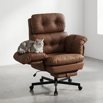 Criss Cross Office Chair with Foot Rest, Big and Tall Desk Chair with Flip Armrests for Pets & Cross Legged Sitting, Comfy Executive Ergonomic Office Reclining Computer Gaming Vanity Chair, Brown