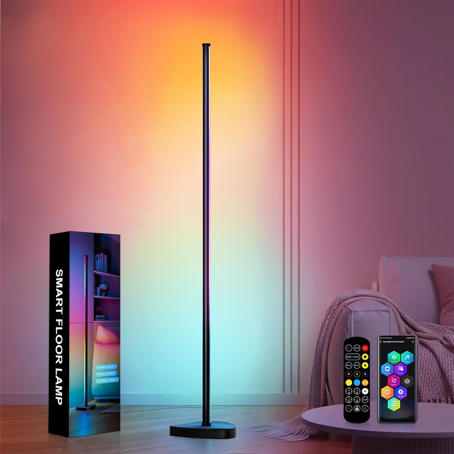 RGBICWW Corner Floor Lamp,3000 Lumen Smart Modern Floor Lamp with 16 Million DIY Colors and App & Remote Control with Music Sync Color-Changing Ambient Lighting for Living Room Lighting, Party