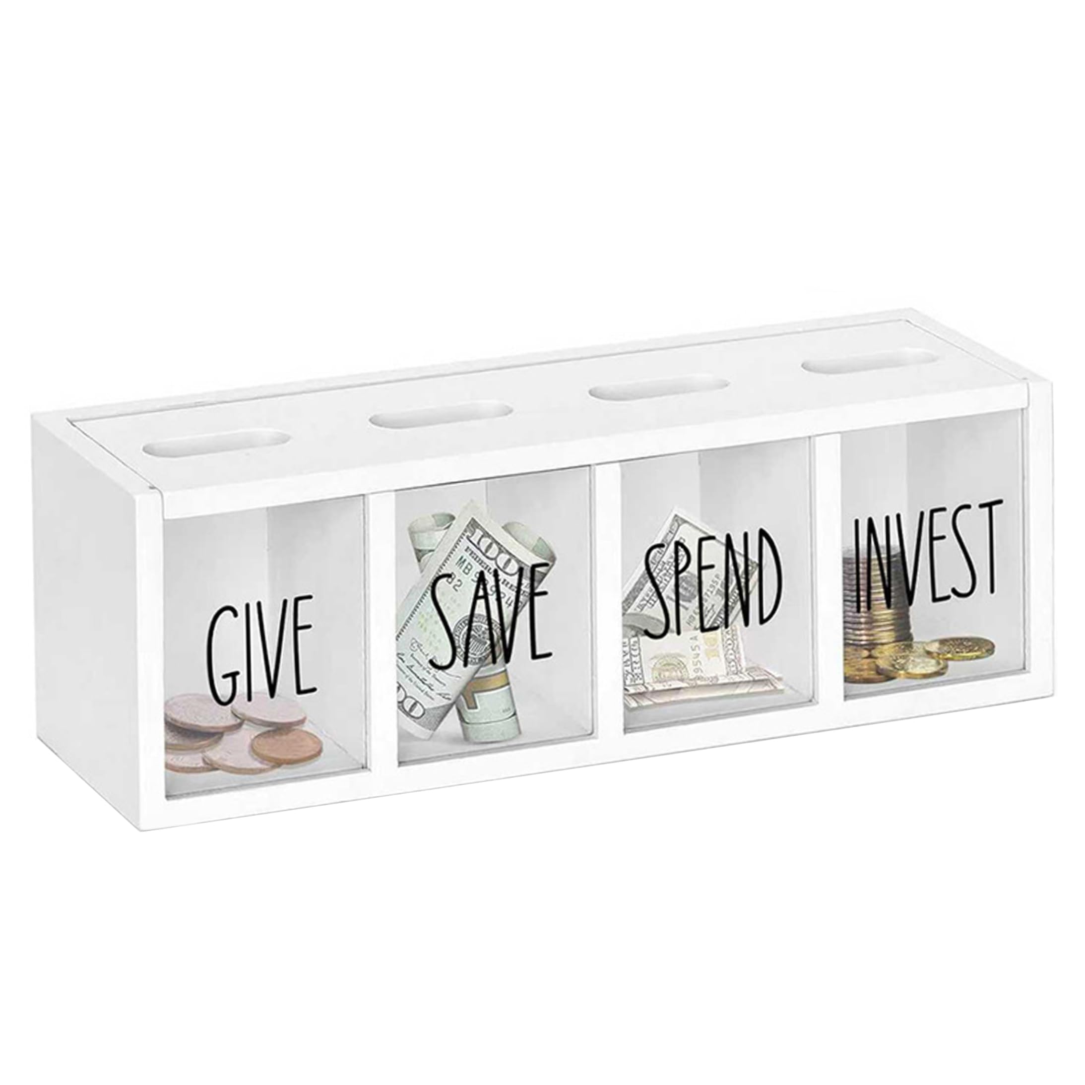 Bemonew Save Spend Give Bank For Kids, Wooden Money Saving Box With Visual Compartments, 12.9x4.3x3.5 inch Wall-mounted Montessori Coin Box, White