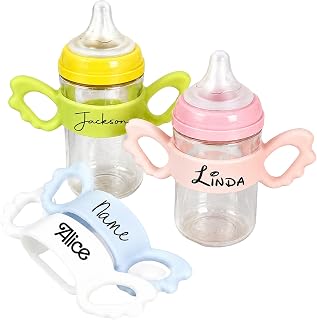 Personalized Silicone Baby Bottle Handle Easy Grip Feeding Handles for Babies & Toddlers Self Feeding,Laser Engraving Reusable Baby Bottle Label Strap BPA Free