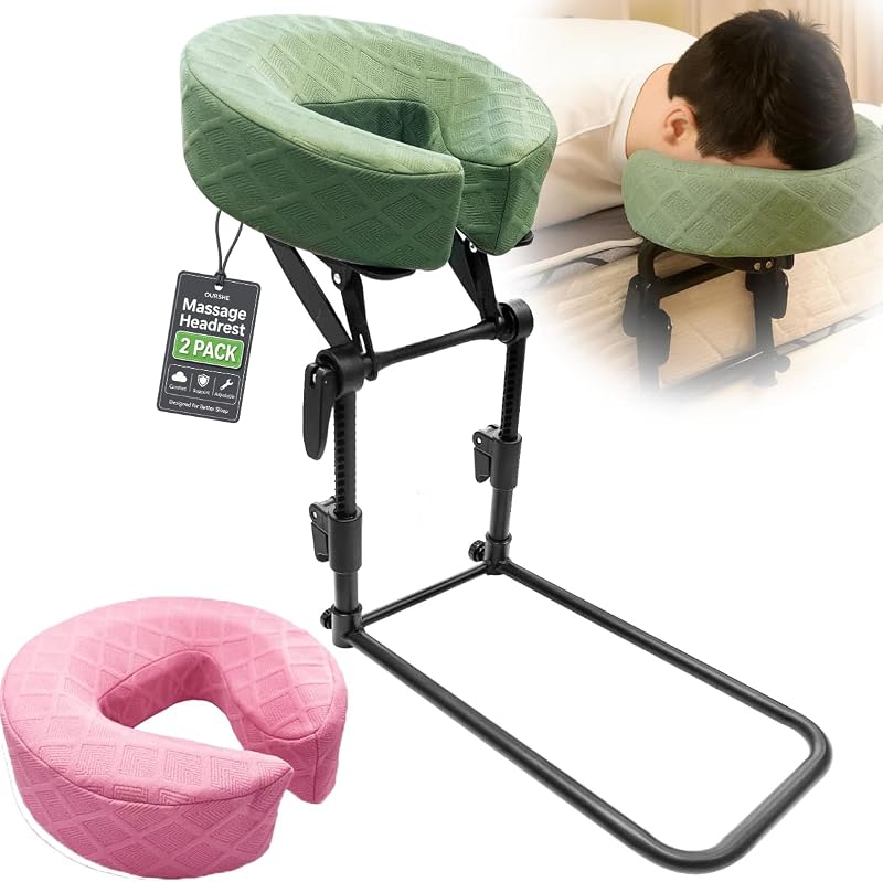 Apoio de cabeça para massagem OURSHE MH-1 com 2 capas, ajustável e dobrável, verde e rosa-claro