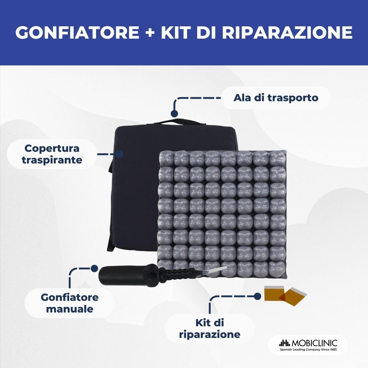 Mobiclinic®, Cuscino D'aria, Antidecubito e Antidecubito, Ideale per Sedie a Rotelle, 40x40x6 cm, Rivestimento Traspirante e Lavabile, Include Pompa e Kit di Riparazione, Q-AIR