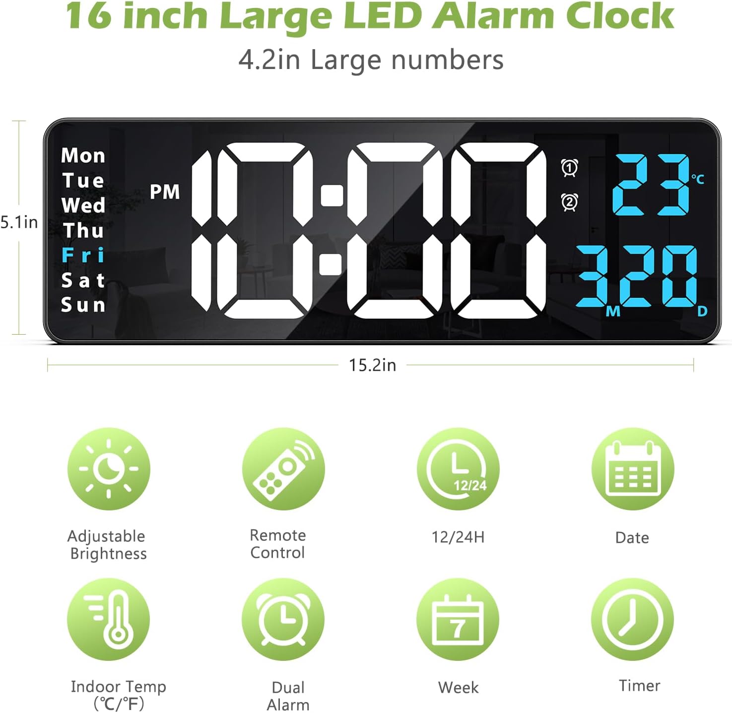 KeeKit Digital Clock, LED Wall Clock with 16" Large Display, Desktop Clock with Remote Control, Automatic Brightness Dimmer, 10 Adjustable Brightness, Suitable for Living Room - Blue