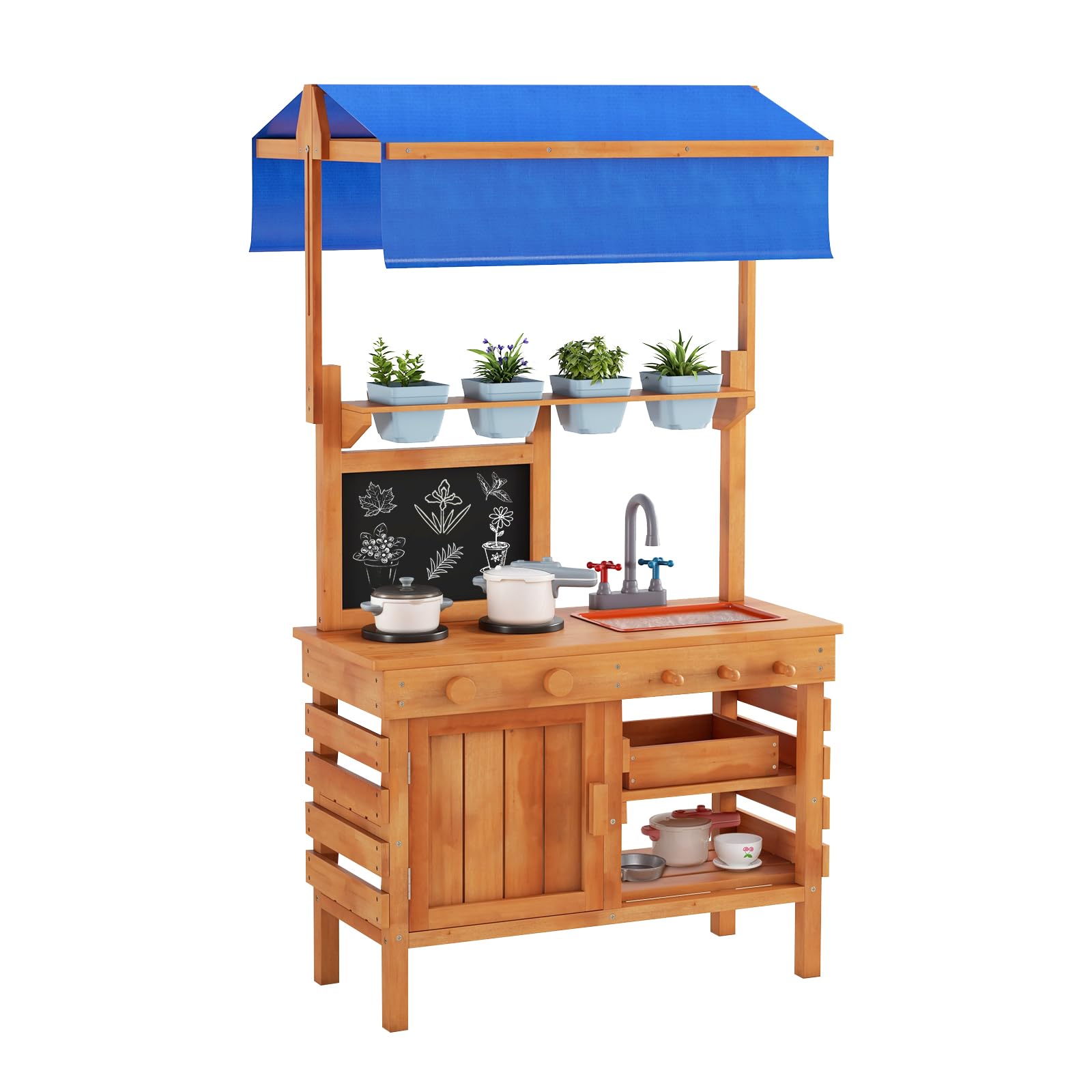 GOPLUS Matschküche Kinder Outdoor, Spielküche aus Tannenholz mit verstellbarem Baldachin, Spüle, 4 Töpfen, Stauraum & beschreibbarer Tafel, Kinderküche Gartenküche für Kinder ab 3 Jahren