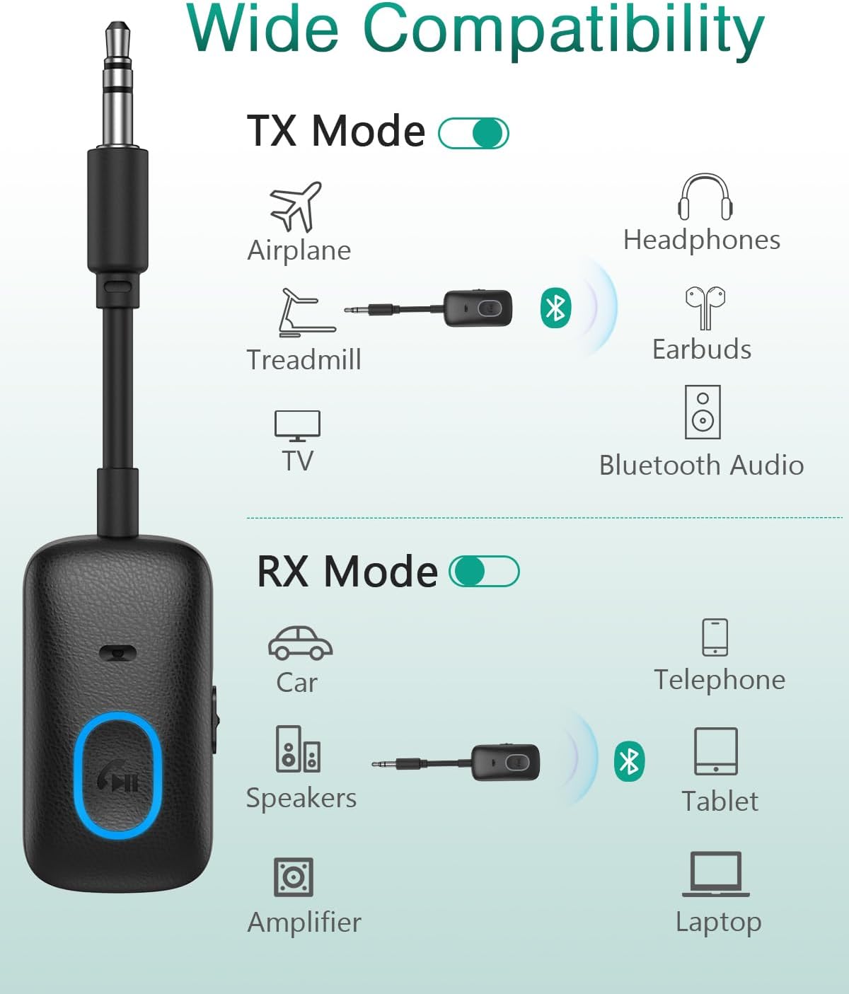 Diagram illustrating wide compatibility of the ORIA Bluetooth adapter. TX mode shows connection to airplane, treadmill, TV, streaming to headphones, earbuds, and Bluetooth audio. RX mode shows connection to car, speakers, amplifier, receiving from telephone, tablet, and laptop.