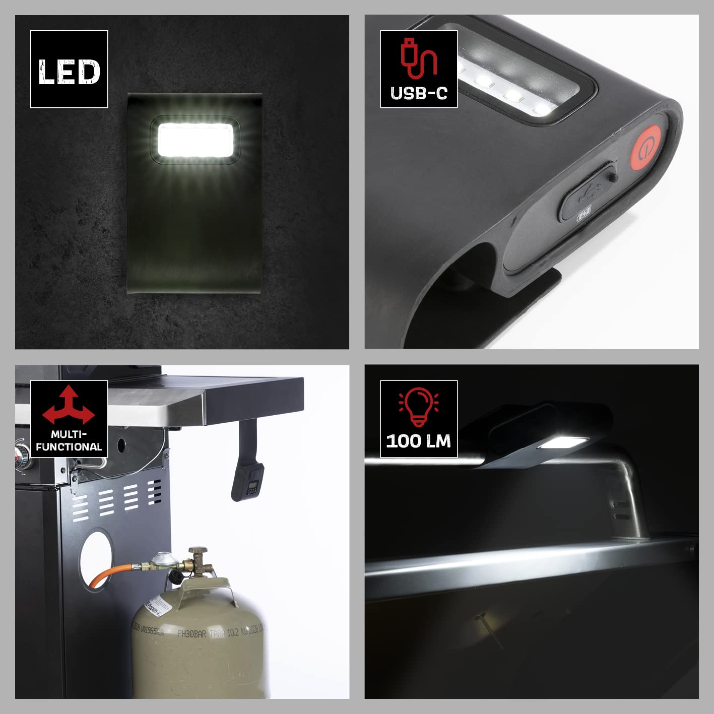 LANDMANN | Lampa magnetyczna do grilla | Energooszczędna technologia LED | Akumulator litowo-jonowy | Jasność: 100 lumenów | Funkcja timera | Czas pracy do 5 godzin