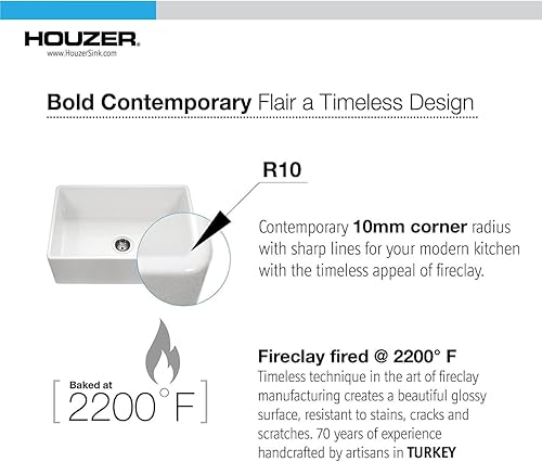 Miniatura 3 de Houzer Platus PTG-4318 WH - Fregadero de granja de la serie Fireclay de 33 pulgadas con delantal delantero de montaje inferior con cuenco individual