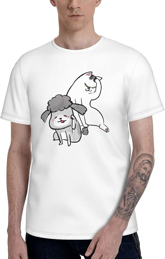 Amazon 犬と猫どっちも飼ってると毎日たのしい1 新しいメンズ 夏服ファッションラウンドネック半袖tシャツ柔らかいカジュアル トップス 通気性 快適 人気半袖 Tシャツ Tシャツ カットソー 通販