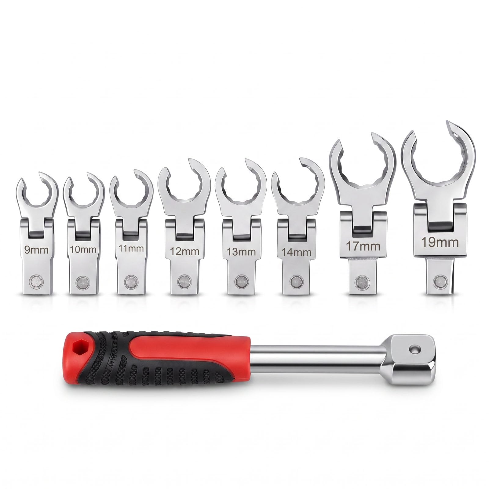 Jeu de Clés à Cliquet Articulées, Mixtes à Cliquet Tete Flexible, Lot de Clé Plate à Cliquet 8 pièces 9-19mm, en Acier au Chrome Vanadium avec Sac de Rangement