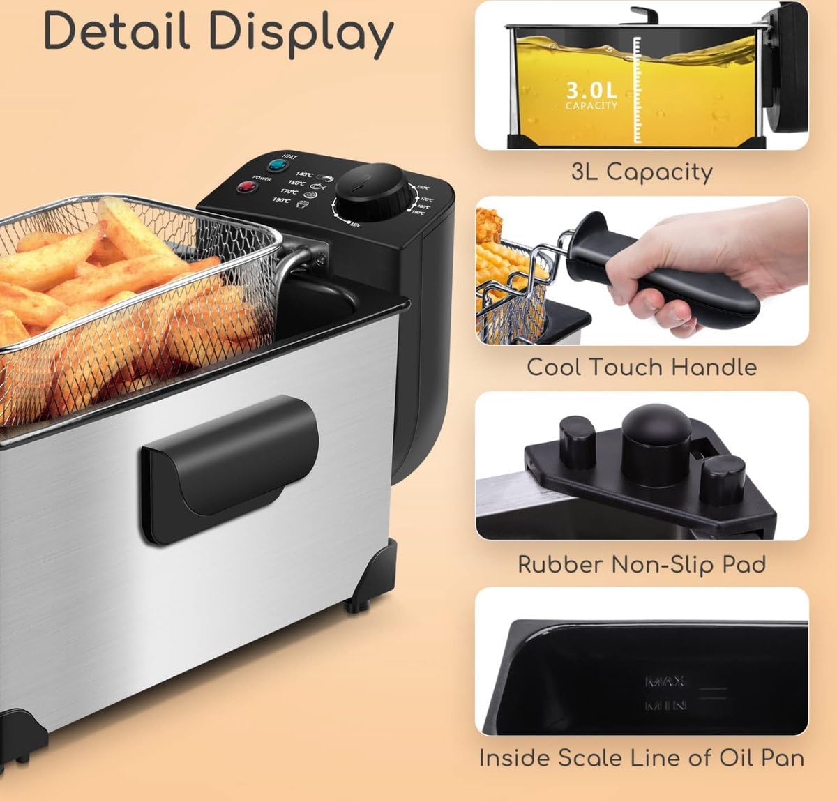 ROYALTY LINE, Friggitrice EFT2000L da 3 L 2000 W - Friggitrice elettrica con cestello da 15 L, timer preciso, tubo a riscaldamento rapido, facile da pulire, ideale per fritture gustose