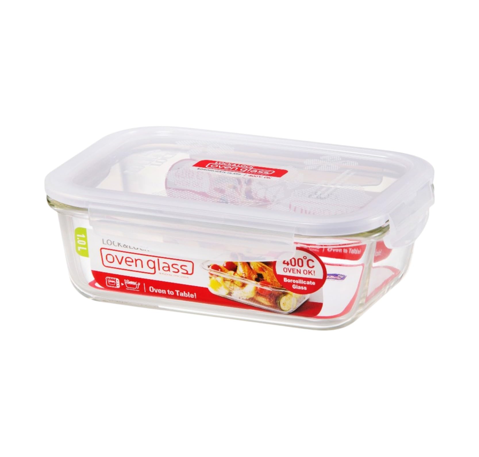 LocknLock Eco Ovenglass Glass Food Storage Containers with Lids 1Ltr - Airtight, Leakproof Rectangular Glass Food Container with Recycled Plastic Lid, Oven Safe, Dishwasher Safe, 20 x 15 x 7.5cm