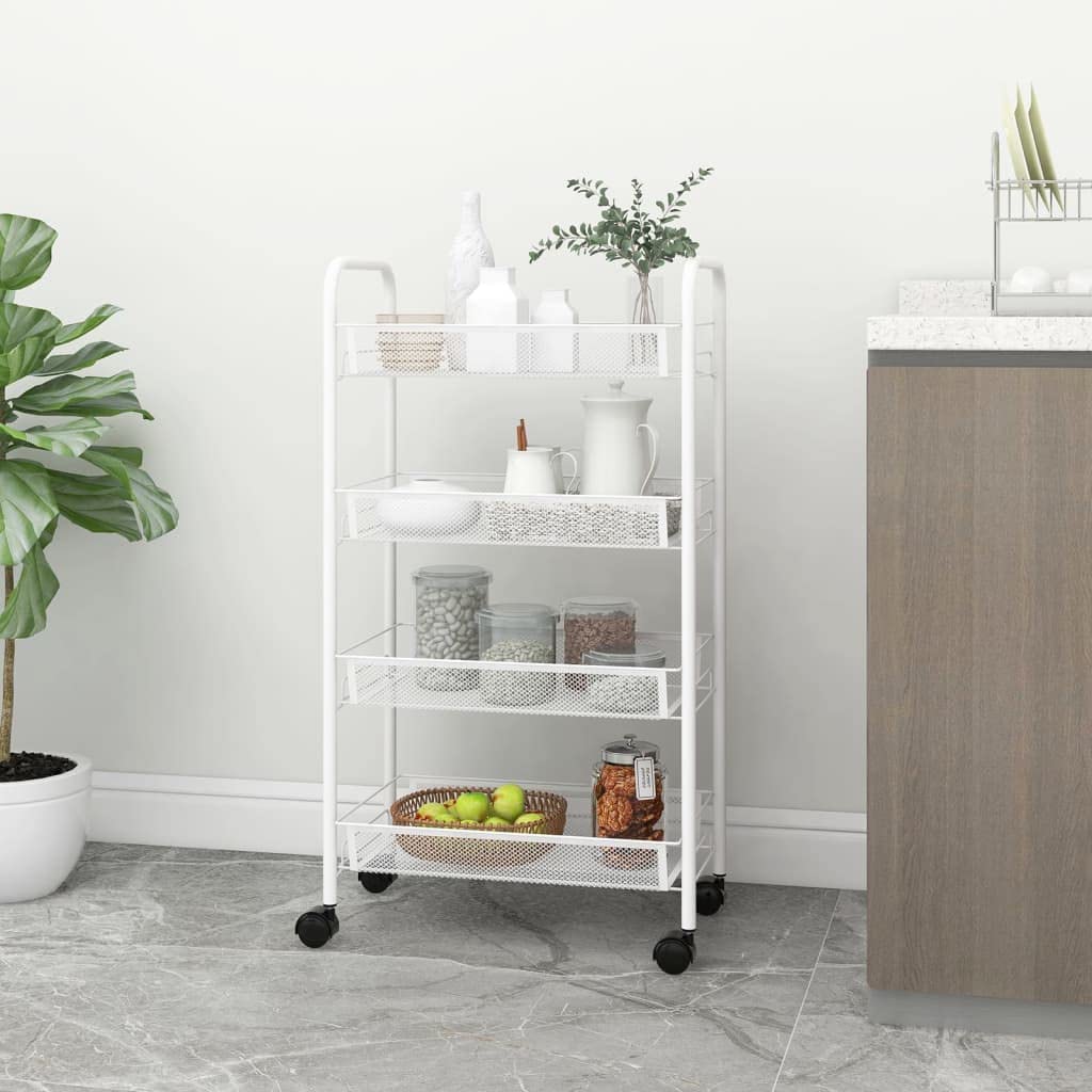 Carrito de cocina de 4 niveles, color blanco, 46 x 26 x 85 cm, hierro con ruedas, cestas de red extraíbles, carrito auxiliar móvil para cocina, baño, oficina, organizador de almacenamiento