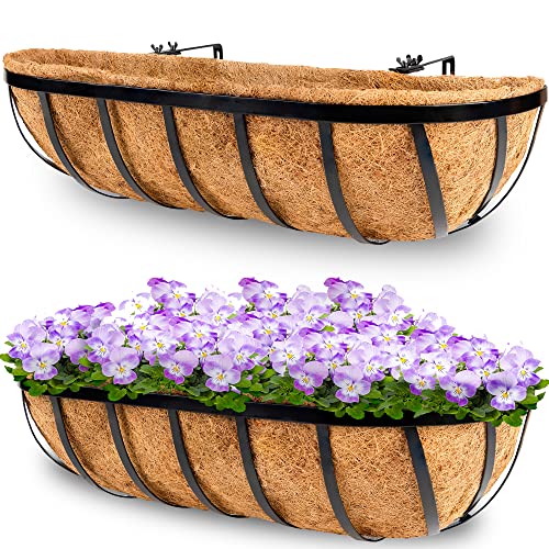 Y&M 2Pcs 24 Inch Window Deck With Coco Liner, 24" Window Boxes Horse Trough With Coconut Coir Liner, Black Metal Hanging Flower Planter Window Basket Deck Railing Planter Boxes For Outdoor Indoor #TOP24