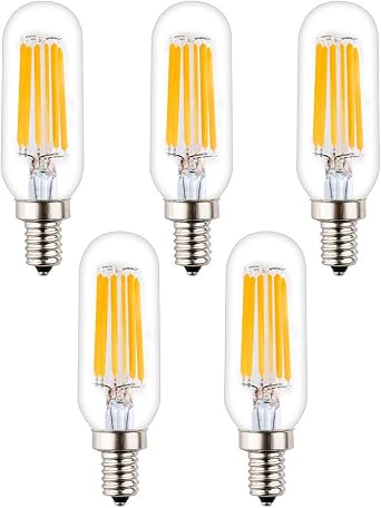 T8T25 Small Tube Shape 6W LED Bulb, Dimmable, Warm White Light 2700K, 60Watts 600Lumens Incandescent Equivalent, E12 Small Bulb Base, Clear Glass Tubular Tip, 5 Pack