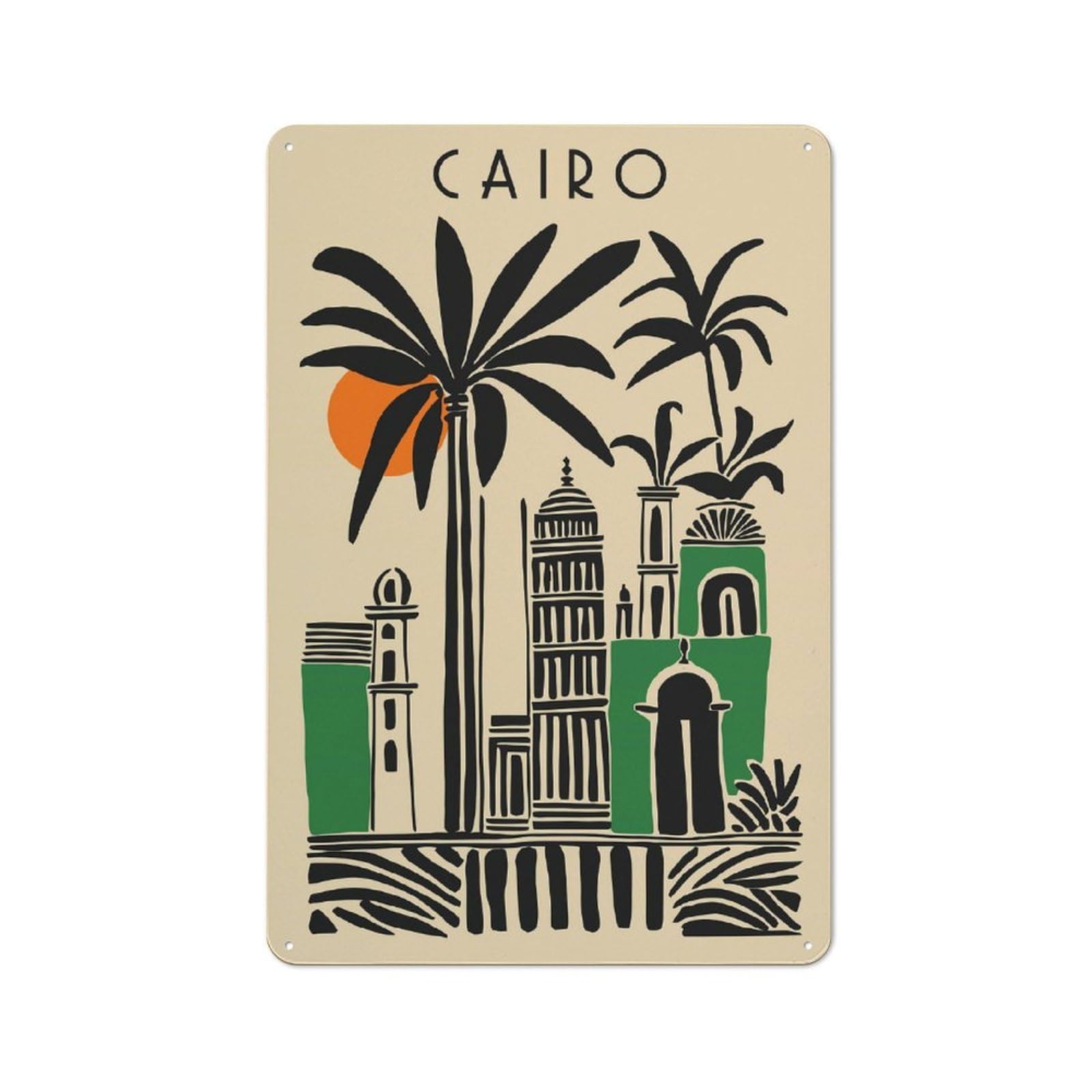 Junmoney Style-18 Vintage Cairo Illustration With Palm Trees And Buildings Metal Plaque 30X20cm, Kitchen Wall Decor For Restaurant, Kitchen, Counter Or Breakfast Nook