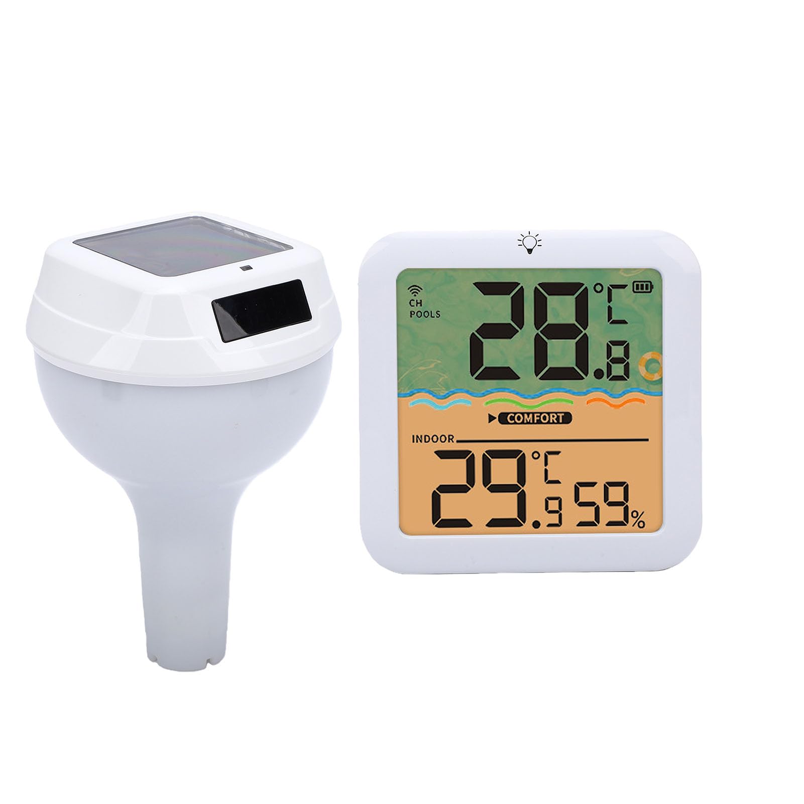 Tangxi Termómetro Solar Digital para Piscina Termómetro Flotante para Piscina con Luces RGB Alimentadas por Energía Solar Pantalla Digital Temperatura Interior Exterior Humedad para (WHITE)