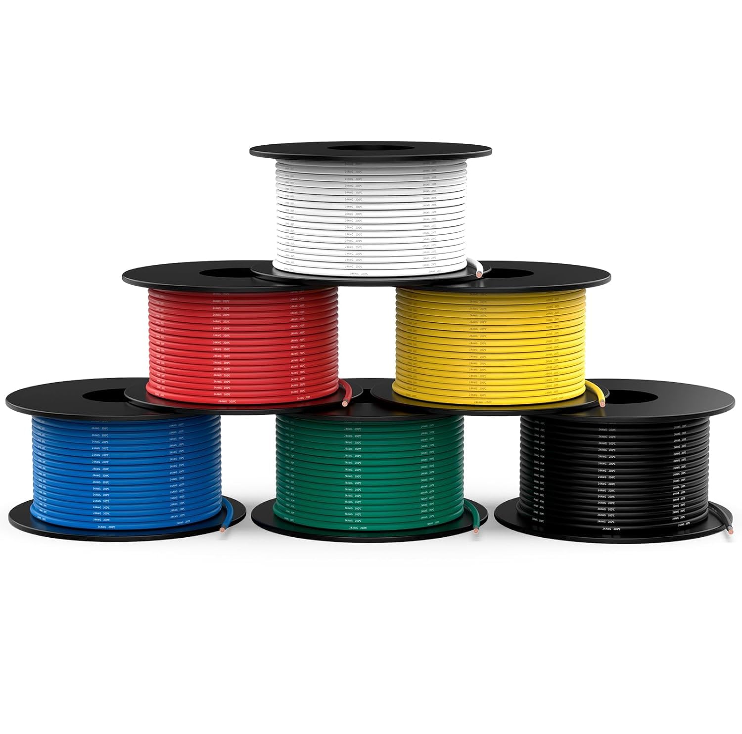 NAOEVO 24 Gauge Wire 600ft, 24 AWG Wire 6 Colors 100ft Each Spool, Flexible Silicone Tinned Copper Electrical Cable, Wiring kit for Breadboard/Automotive/DIY/Battery, 200℃ 12V