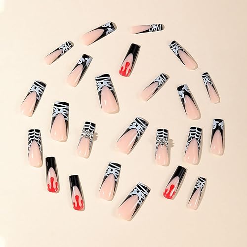 Miniatura 3 de Uñas postizas a presión de Halloween, uñas postizas largas con punta francesa, uñas acrílicas negras de RIICFDD con diseño de telaraña fantasma y
