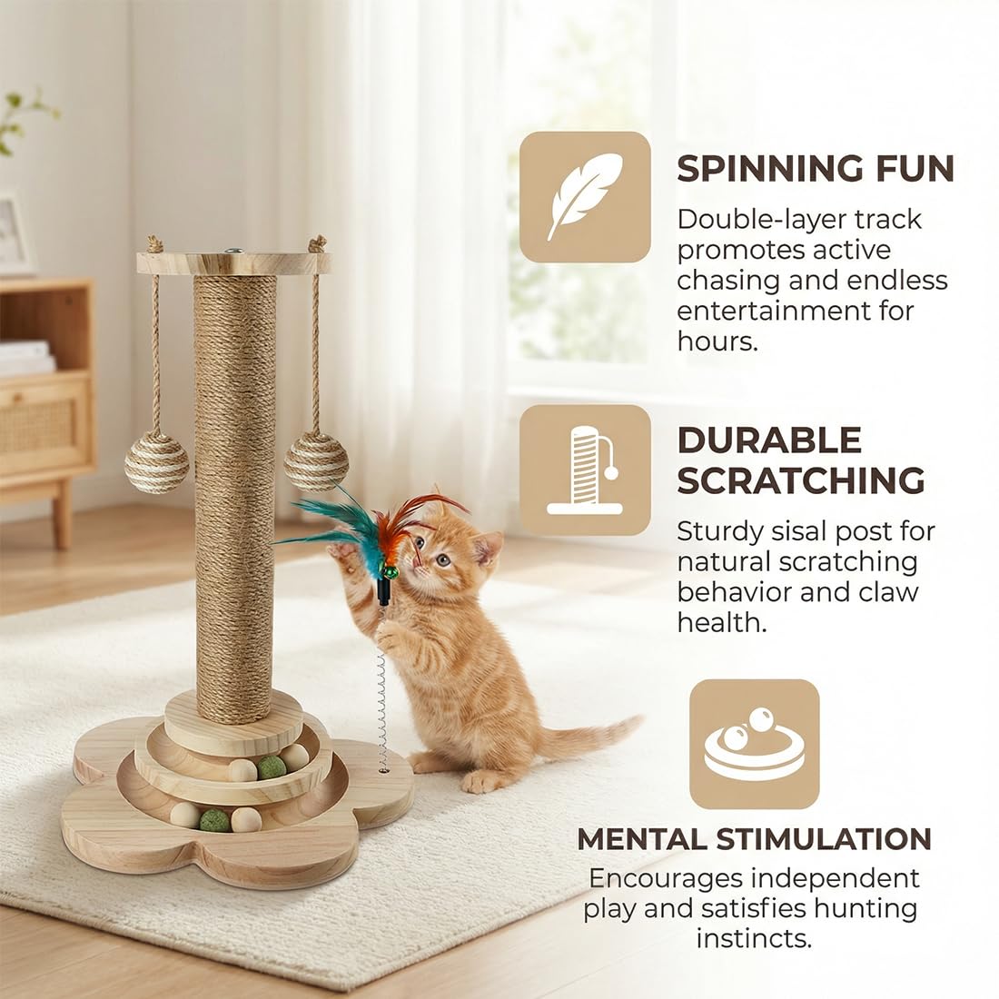 4 in 1 Katzenspielzeug Selbstbeschäftigung, 46cm Kratzbaum mit Hängenden Bällen, natürlicher Sisal-Spielzeug Katze, Interaktives Katzen Spielzeug mit Federn, zum Spielen im Haus