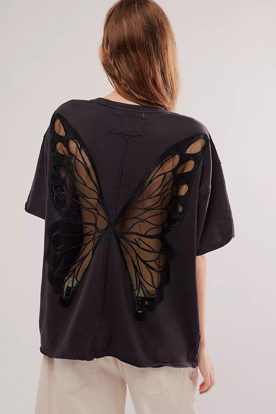 VAOYIU Women's Oversized Butterfly Wing Lace Embroidered T-Shirt Short Sleeve Sheer Mesh Back Design Y2K Basic Tee - Image 5