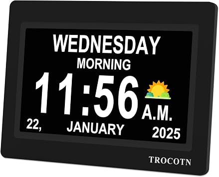 TROCOTN Dementia Clock, Digital Clock with Date and Day for Elderly Use, Large Display with Auto-Dimming for Bedroom and Living Room 7 Inches Black
