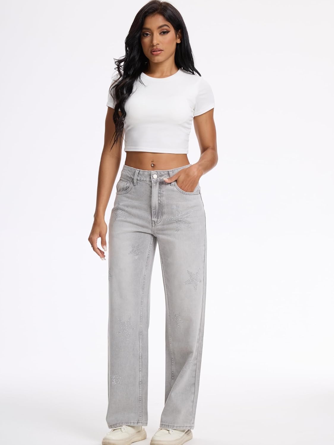 Women's Rhinestone Embellished Straight Leg Jeans Star Sparkling Denim Pants for Parties Night Out Casual Glam - Image 4