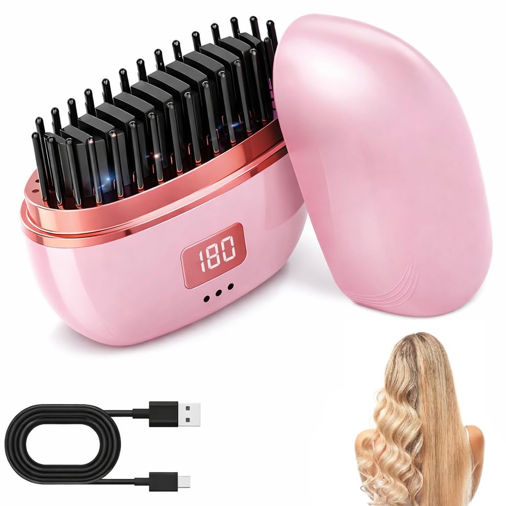 Mini Hair Straightener,Cordless&Rechargeable Portable Hair Straightener Brush with 3 Temperature Setting,Portable Electric Hair Brush 30s Heating,Mini Straightening Brush for Home & Travel (pink)