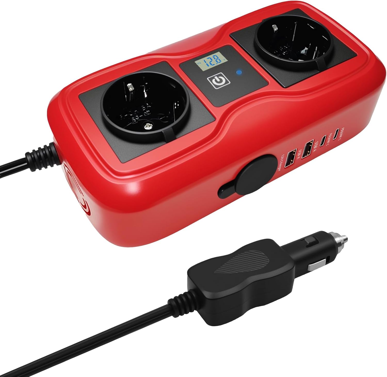 200 W Voltage Converter 12 V 230 V Power Inverter with 2 EU Sockets and 2 USB A 2 USB C, Car Inverter Cigarette Lighter Plug for Laptops, Phones, and More