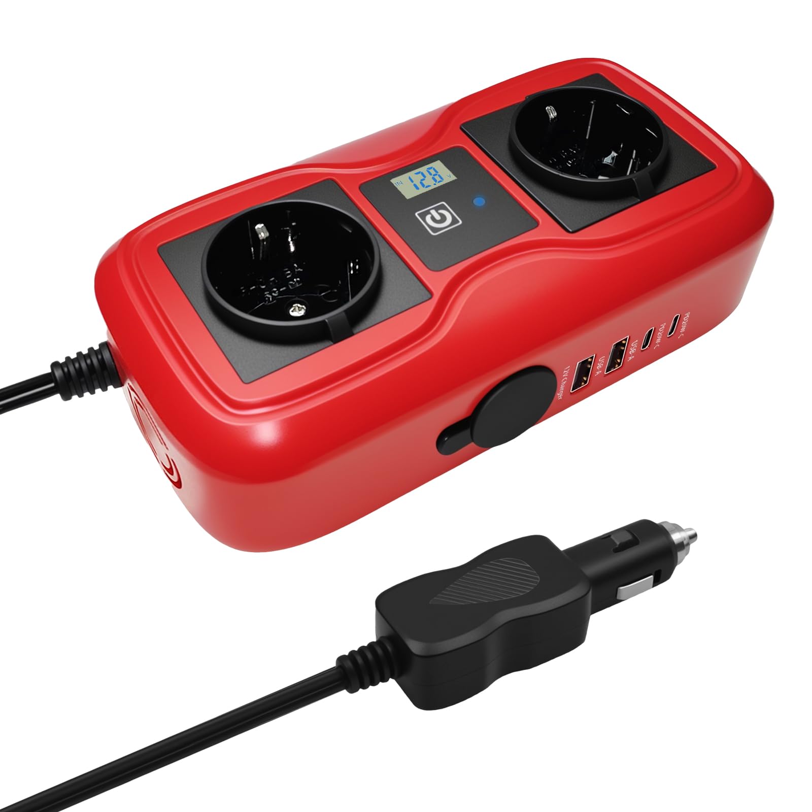 200W Auto Wechselrichter 12 V auf 220-230 V, SZSSTH-Spannungswandler 2 USB-A / 2 Typ-C (5V 3A), Stromwandler mit Zigarettenanzünder, Wechselrichter für Mobiltelefone, Laptops und Camping