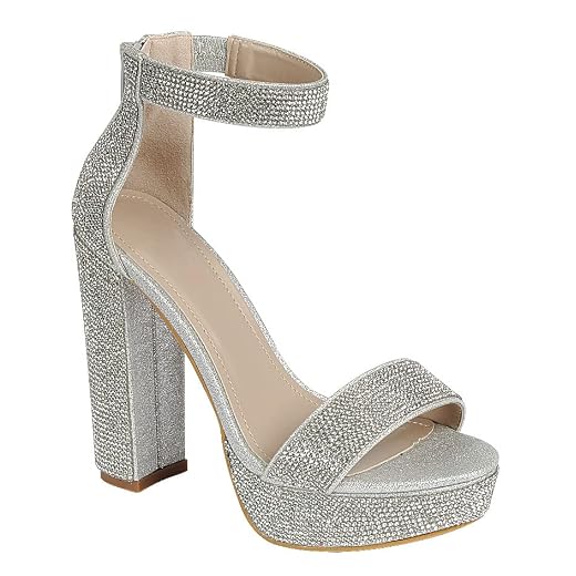 ABSOLEX Women Ankle Strap Open Toe Chunky Platform Dress High Heel Sandal, Silver-32 Rhinestone, 10