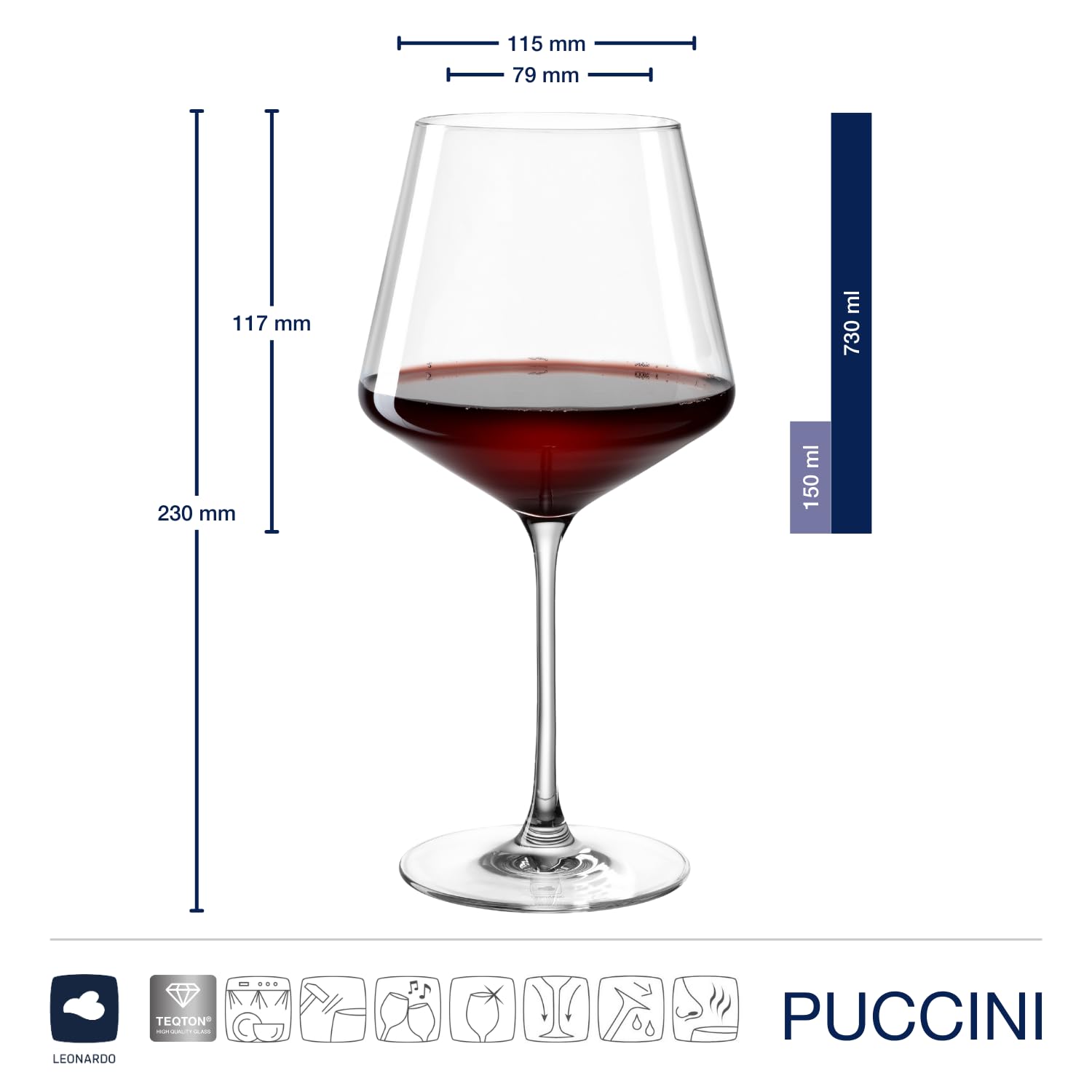LEONARDO HOME Copas de vino PUCCINI de color burdeos (juego de 6) con paño de pulido • Vasos de vino aptos para lavavajillas (730 ml) • Resistente a los golpes y uso diario • 040981
