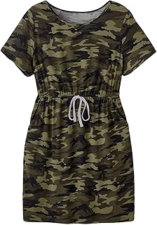 Women's Plus Size Camo Print Dress Short Sleeve Tie Front Summer Short Dresses with Pocket - Buy now