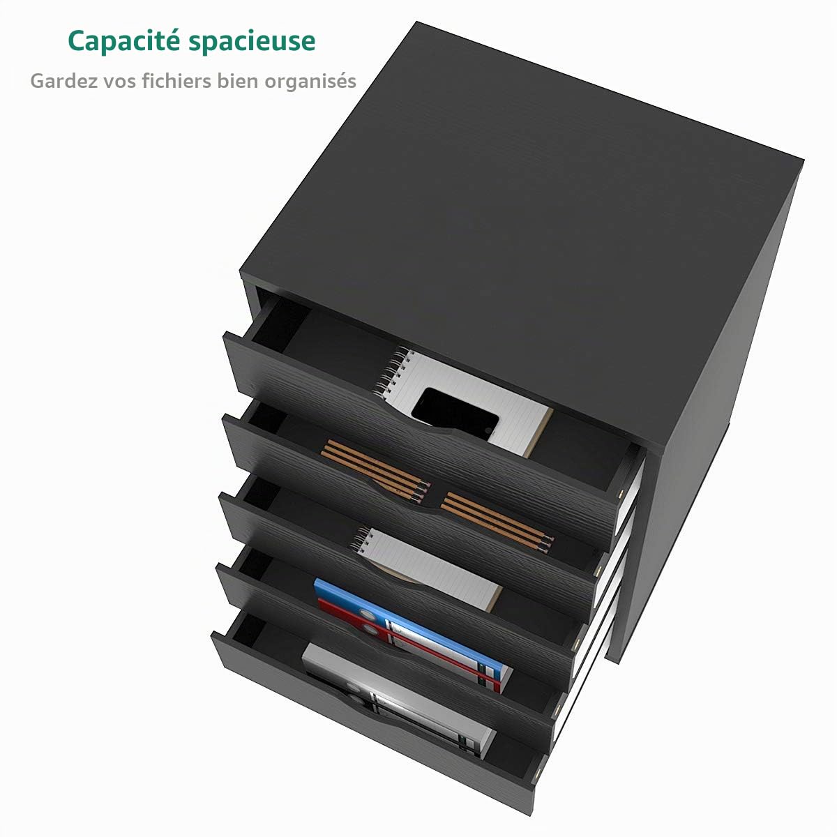 YITAHOME Caisson de Bureau 5 tiroirs, Armoire de Rangement de Bureau Mobile, Convient pour Papier A4, Fichiers, Imprimantes Maison Caisson de Rangement, Noir