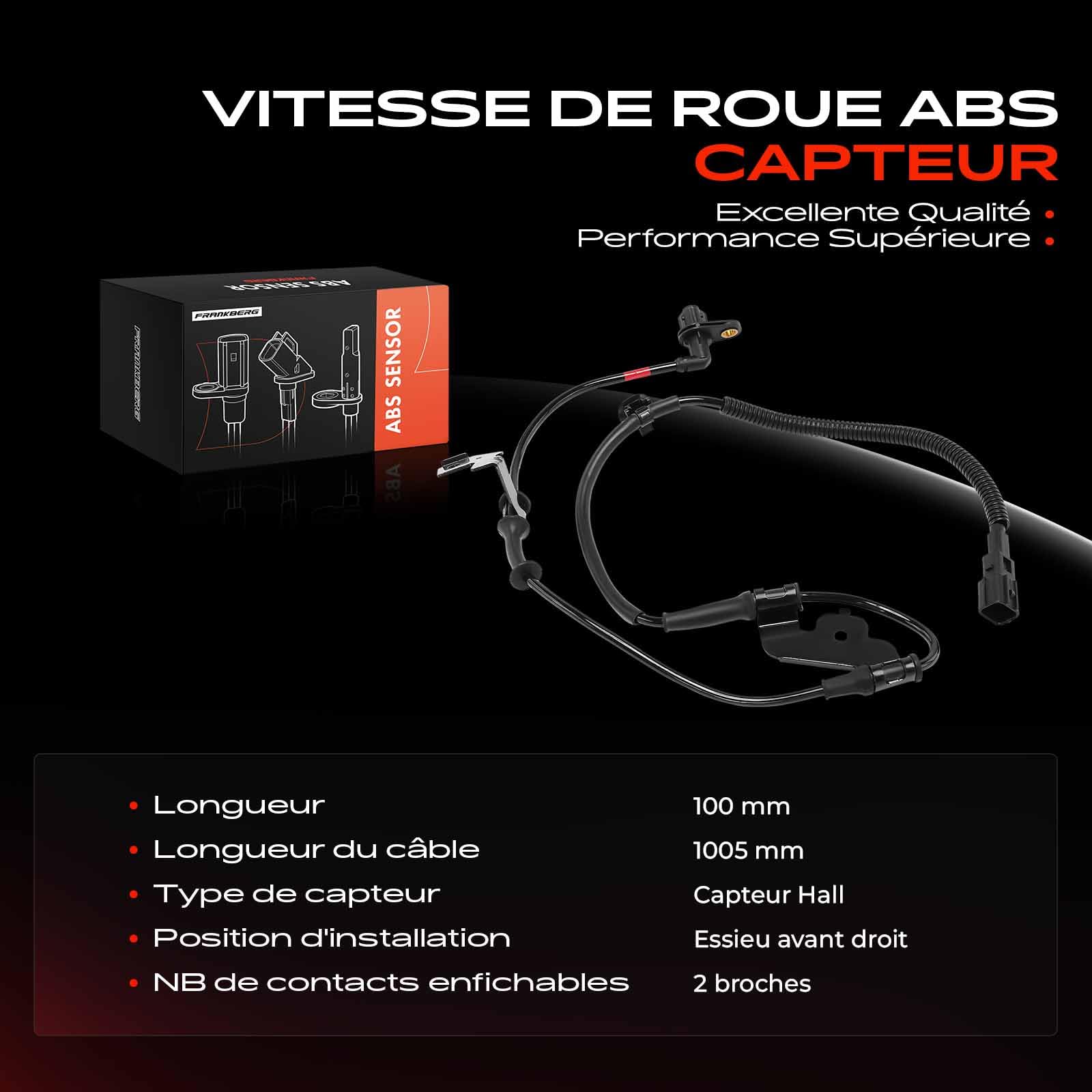 Frankberg Capteur de vitesse ABS avant droit 2 broches 59830C8000 | Compatible avec: i20 Coupé GB, i20 Fourgonnette à hayon GB IB, i20 GB IB