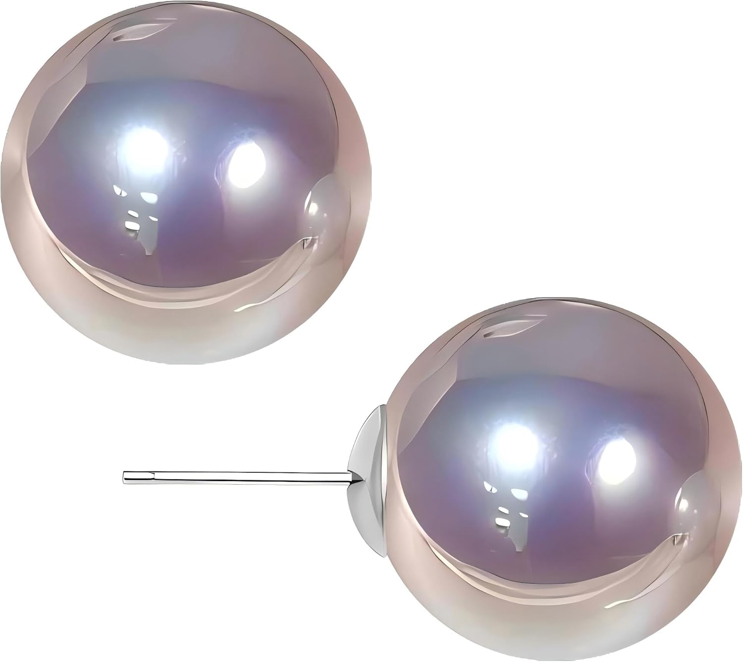8, 10, 12mm Grey Tone of Silvery and Purple Pinkish Luster Faux Pearl S925 Silver Stud Earrings | Hypoallergenic Rich Radiance Round Pearl Minimalist Studs | Luxury Timeless Earrings for Ladies Daily Wear & Gift