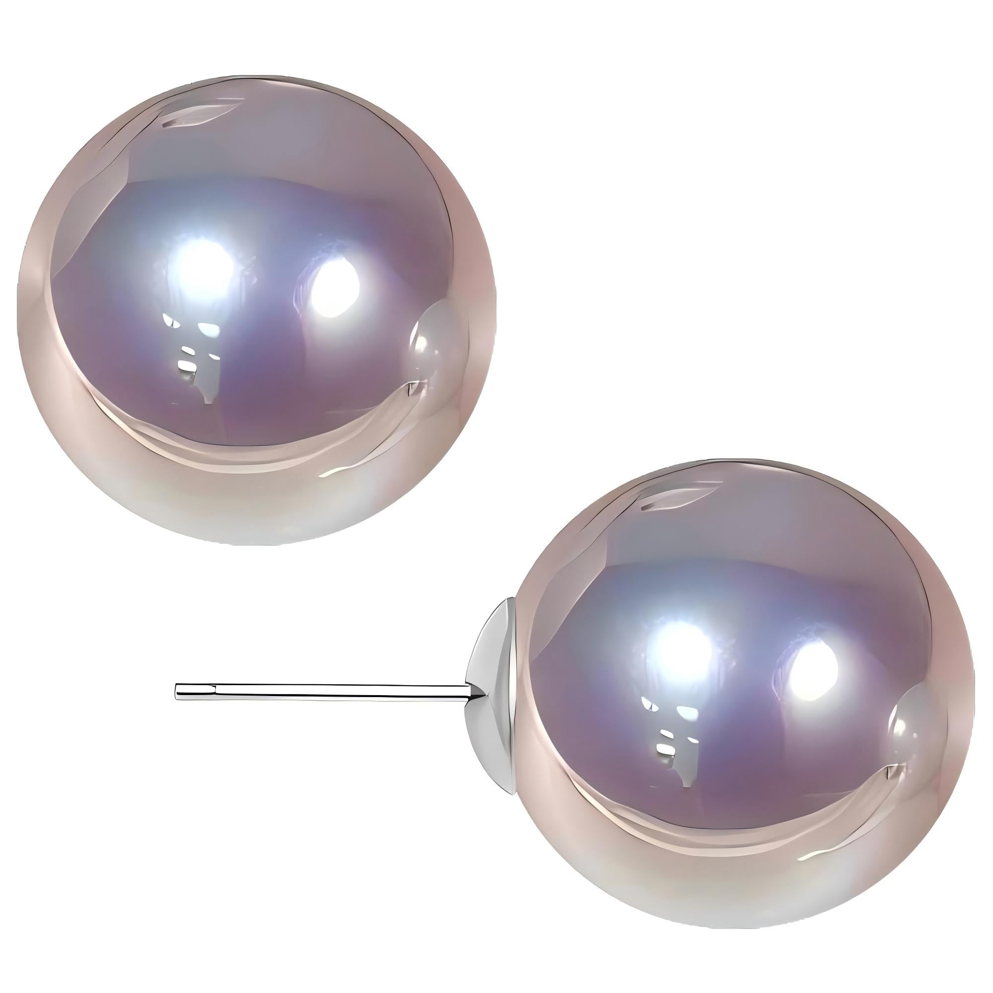 WARIDAR 8, 10, 12mm Grey Tone of Silvery and Purple Pinkish Luster Faux Pearl S925 Silver Stud Earrings | Hypoallergenic Rich Radiance Round Pearl