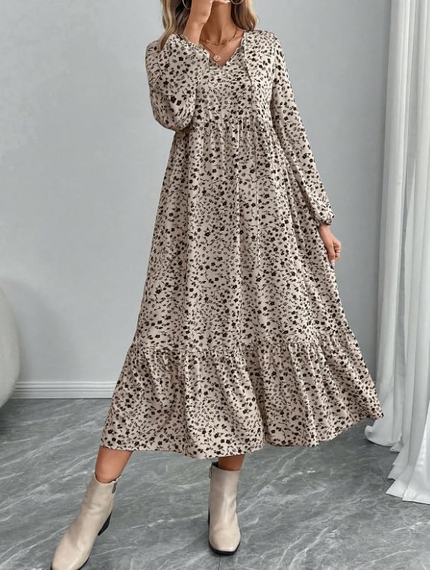 Women's Autumn Long-Sleeved Round-Neck Pleated Floral Dress a Casual and Flowing Long Dress - Image 2