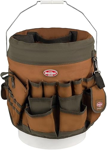 BucketBoss 10056 Bucket Boss - Organizador de herramientas de lona de 5 galones con 56 bolsillos para organización de cubos en marrón y verde y
