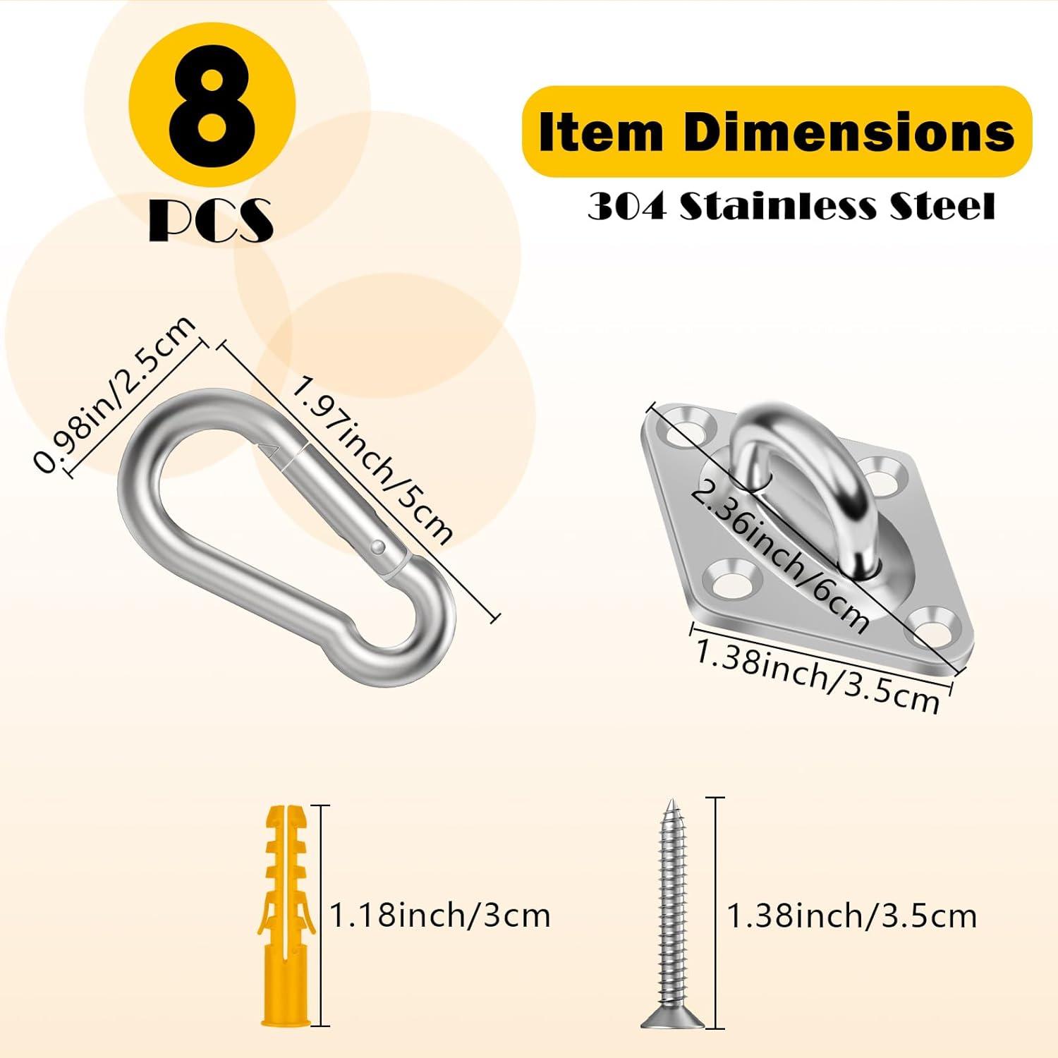 8 Pack 2.31 Inches Pad Eye Hooks,304 Stainless Steel Pad Eye Hanging Hooks for Porch Swing Hang, Heavy Duty Hanging Hardware with Screws for Outdoor/Indoor Use. Sliver
