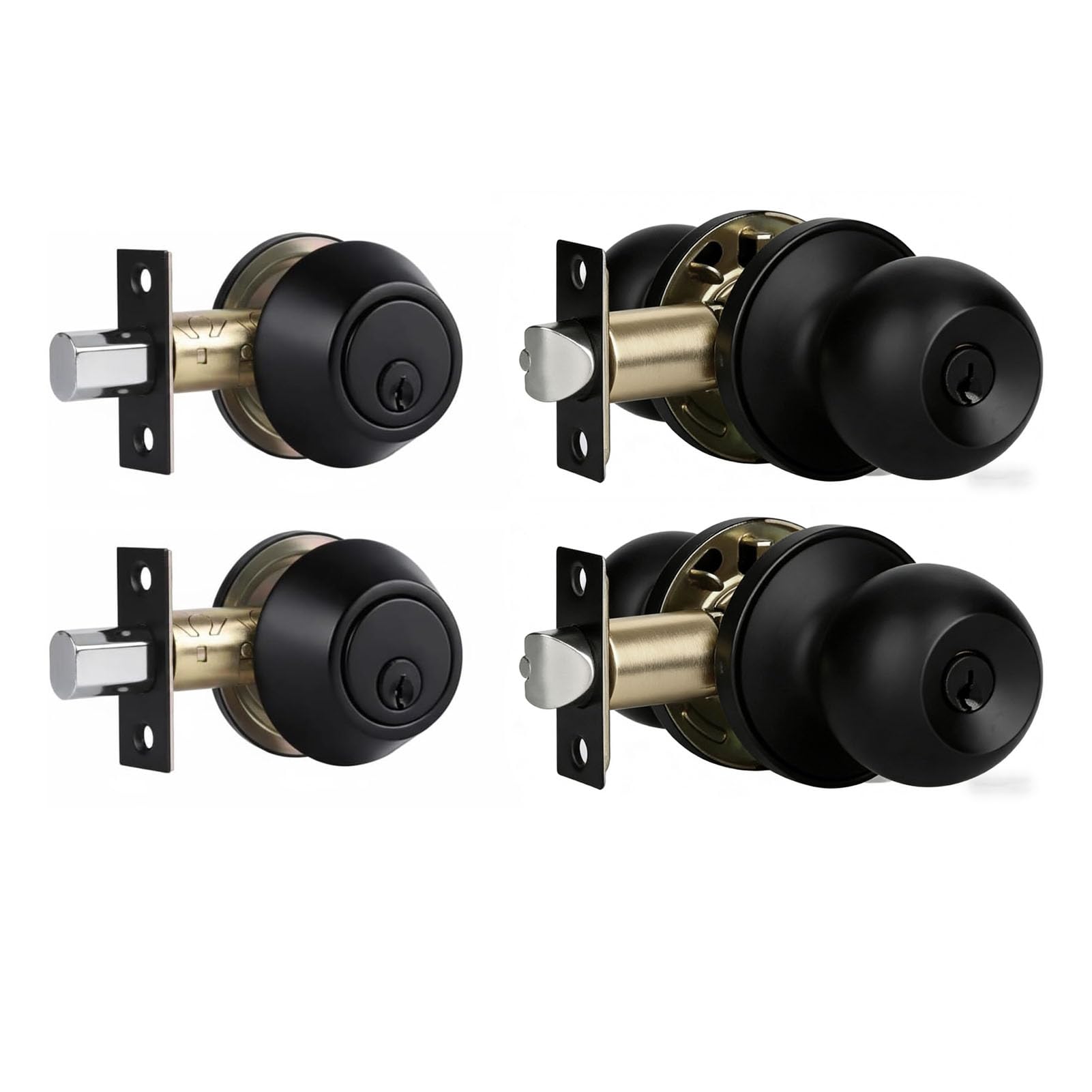Set di pomelli per porte esterne con catenaccio, serrature a cilindro singolo con le stesse chiavi, sfera rotonda, nero opaco (confezione da 2)