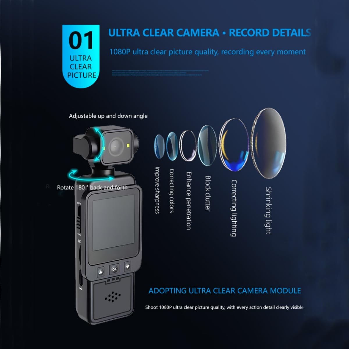 COCBTKQ Pocket Camera WiFi Body Cam, Mini Action Sports Cam Video Camcorder with Back Clip, 1.6-inch Colour Display?Fill-in Light?32GB TF Card, for Traveling