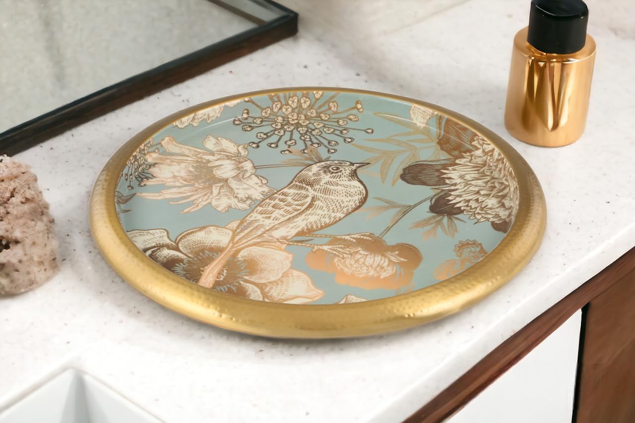 GRD International Mynah Enamel Printed Table Decor Round Steel Serving Tray | Decorative Tray | Breakfast Tray | Vanity Tray | Size-16 Dia, 0.5" H