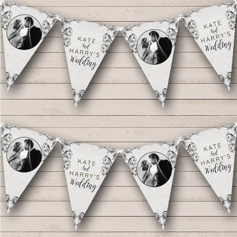 Vintage Black Ornate Photo Personalised Wedding Day Reception Venue Party Bunting - Hanging Wedding Decoration - Congratulations Just Married Wedding Party Banner Garland | Decorative Wedding Supplies